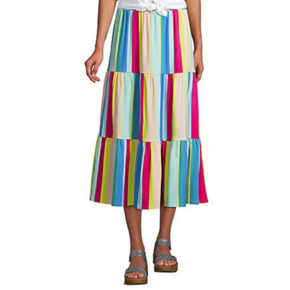 Lands End Cotton / Tencel Tiered Midi Skirt Multi Color Large 14-16